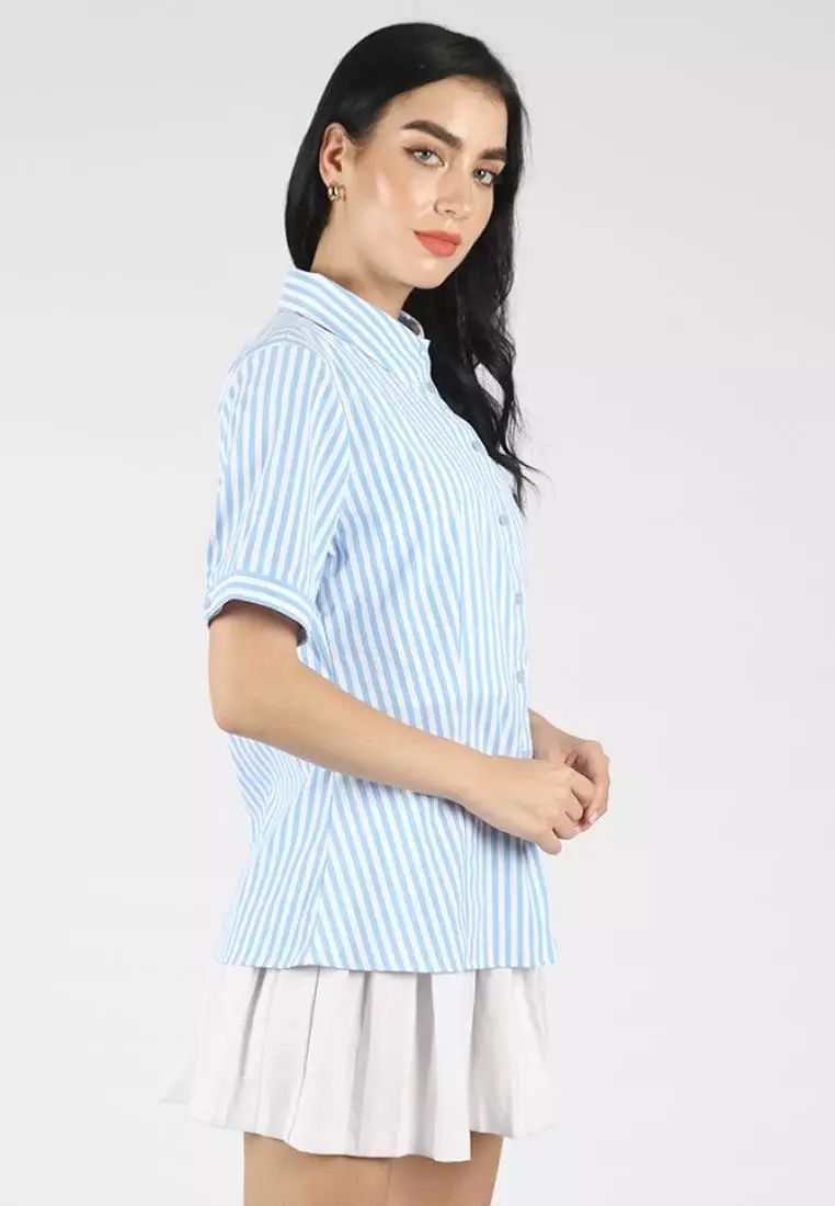 Kemeja Lengan Pendek Pierre Cardin Wanita Aleena Stripe Blue