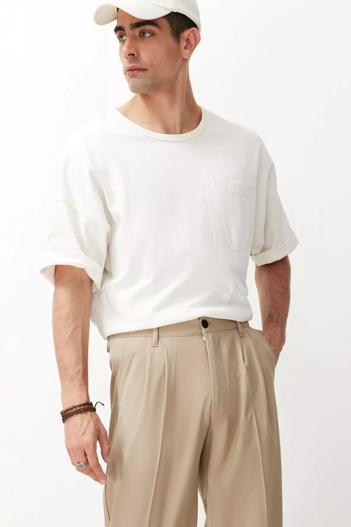 Beige Pleated Classic Baggy Fit Fabric Trousers TMNSS24PL00024