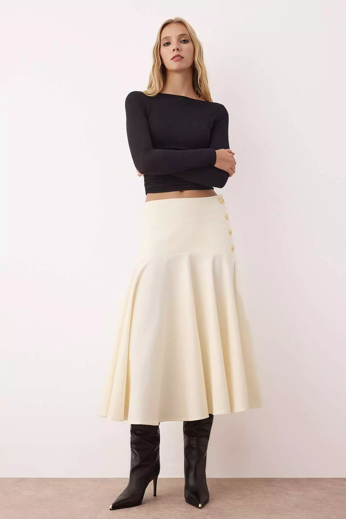 Stone Gold Button Detailed Midi Length Cotton Woven Flared Skirt Twoaw26Et00033