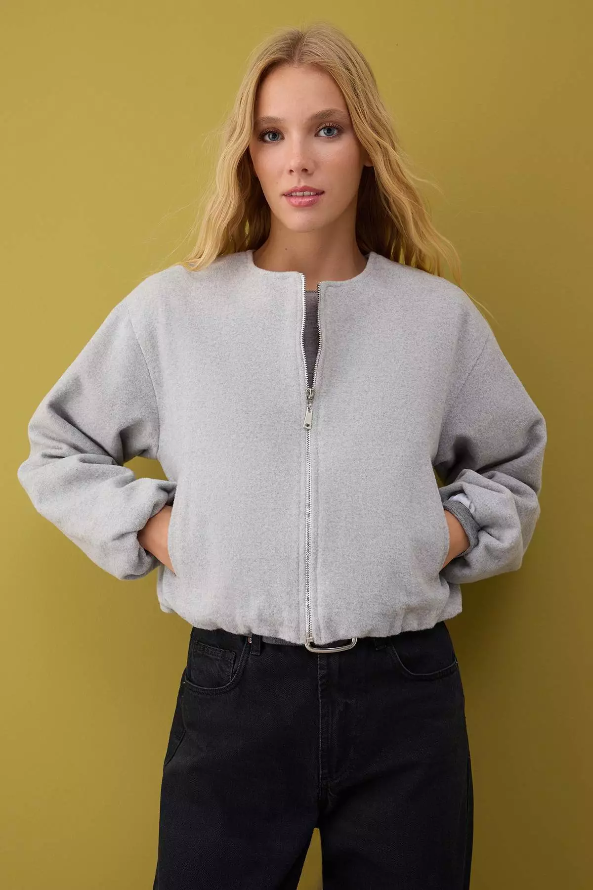 Gray Oversize Molded Cashmere Bomber Jacket Coat