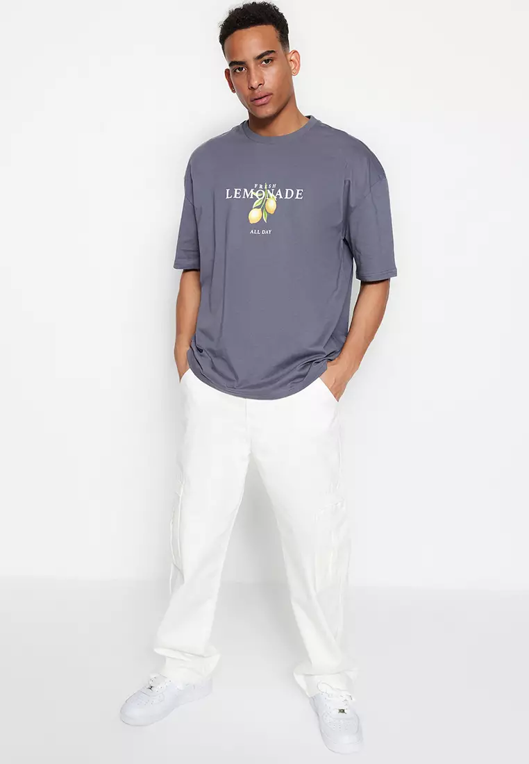 Anthracite Unisex Oversize/Wide Cut Crew Neck Short Sleeve Printed T-Shirt