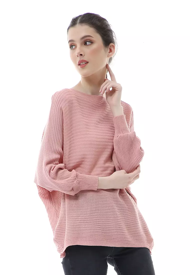 Eveline Sweater Rajut Batwing Atasan Wanita Motif Polos High Quality - Dusty Pink