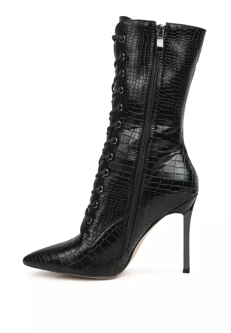 Croc Textured Over The Ankle Boots in Black