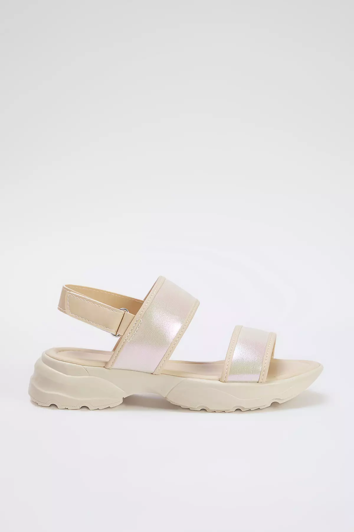 Beige Double Hologram Banded Big Girls Kids Sandals Takss25Sd00023