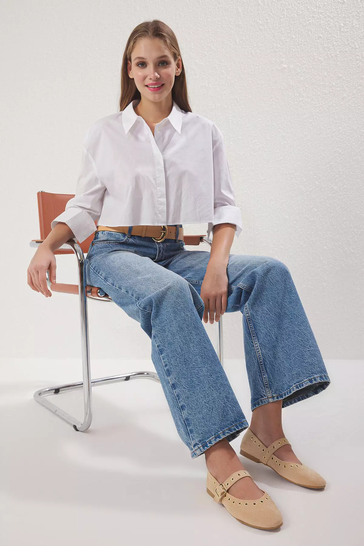 Beige Suede Eyelet Detailed Buckle Almond Toe Women's Ballerina Flats Takss25Be00039