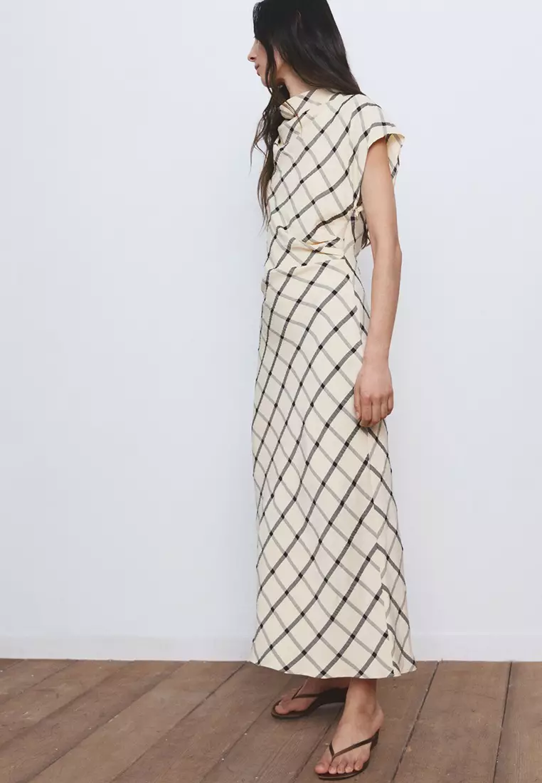 Check Dress With Draped Collar