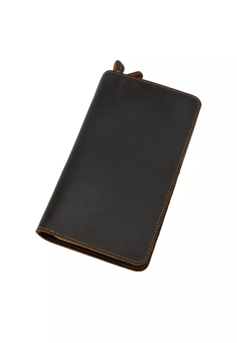 Men's Vintage Genuine Leather Double Zipper Clutch Purse Long Wallet