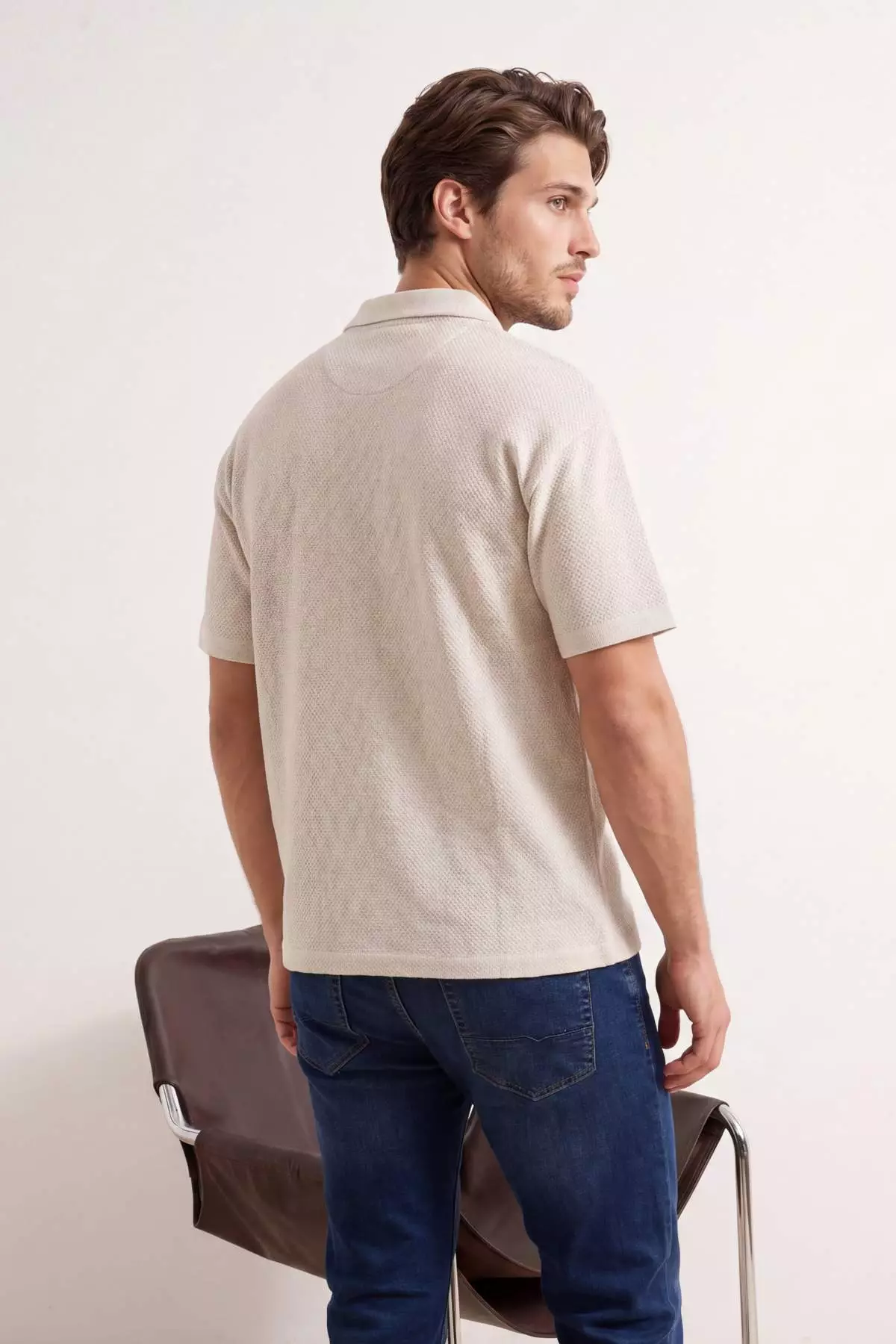 Buy Trendyol Ecru Oversized /Wide Cut Textured Polo Neck T-Shirt ...