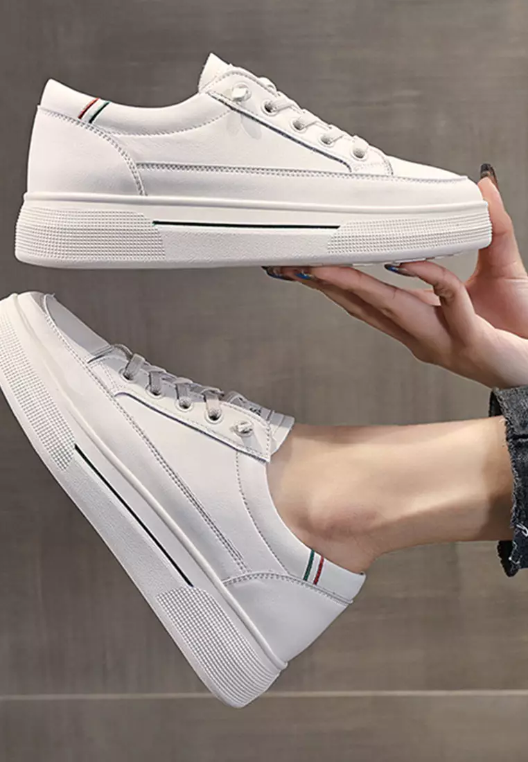 Genuine Leather Flat White Sneakers RX-T3986