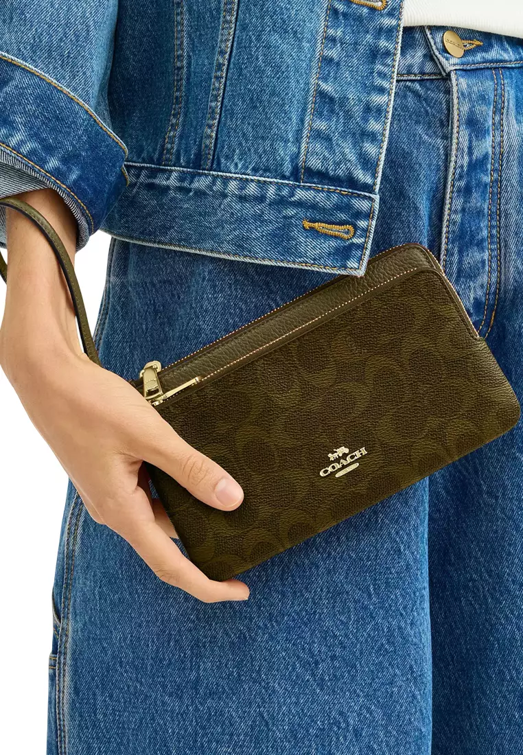 Double Zip Wallet In Signature Canvas - Olive CX161