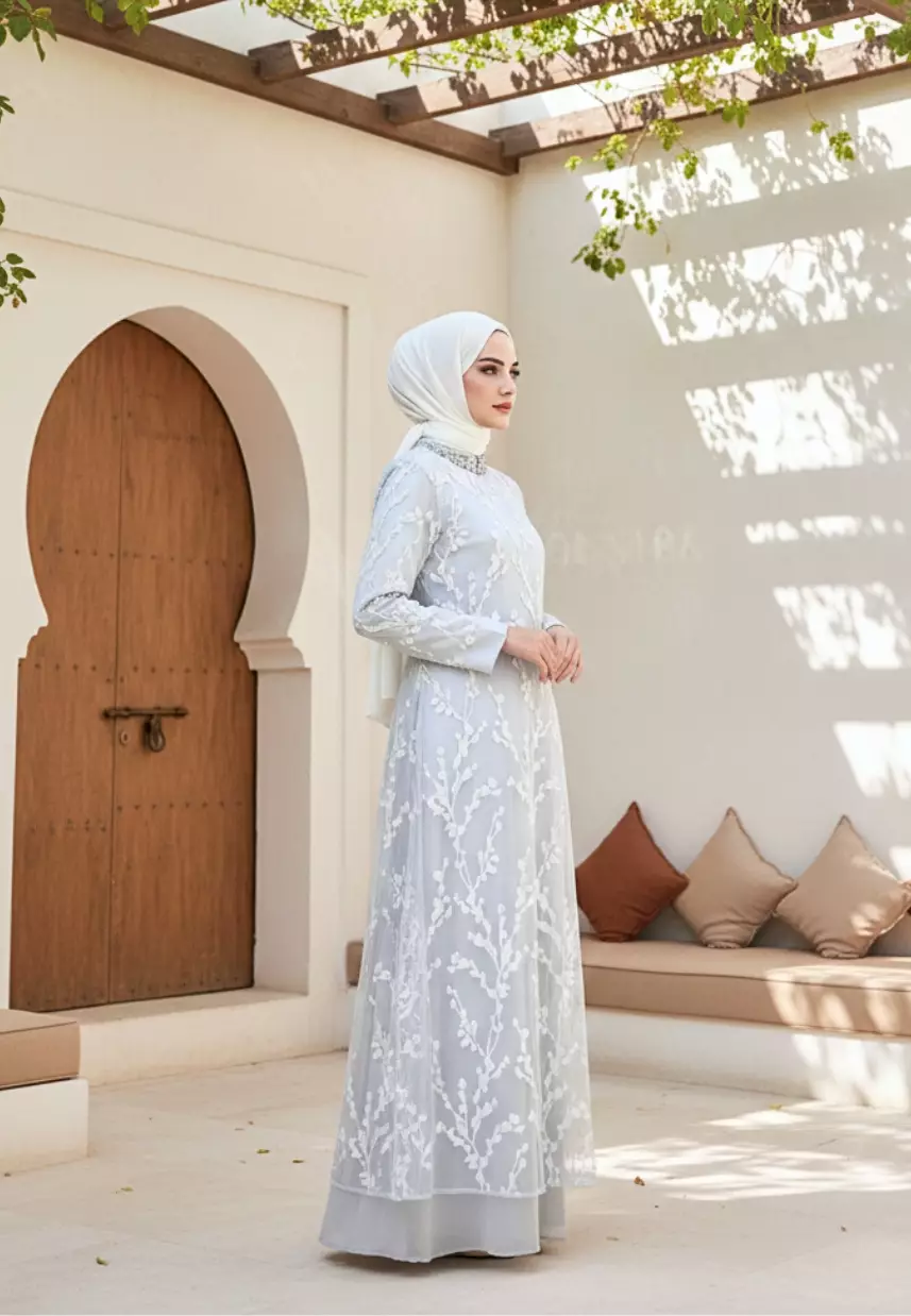 Dress Muslimah Lace Bordir Floral Premium Warna Putih Dan Mint– Tampil Anggun & Exclusive By Brilliant Girl Warna HIJAUMINT