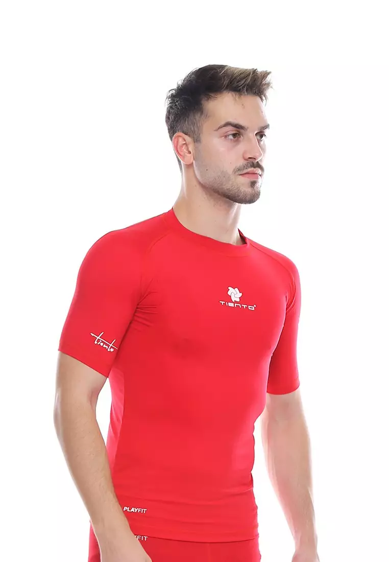 Tiento Man Baselayer Baju Ketat Manset Olahraga Pria Short Sleeve Red Rashguard Sport Original