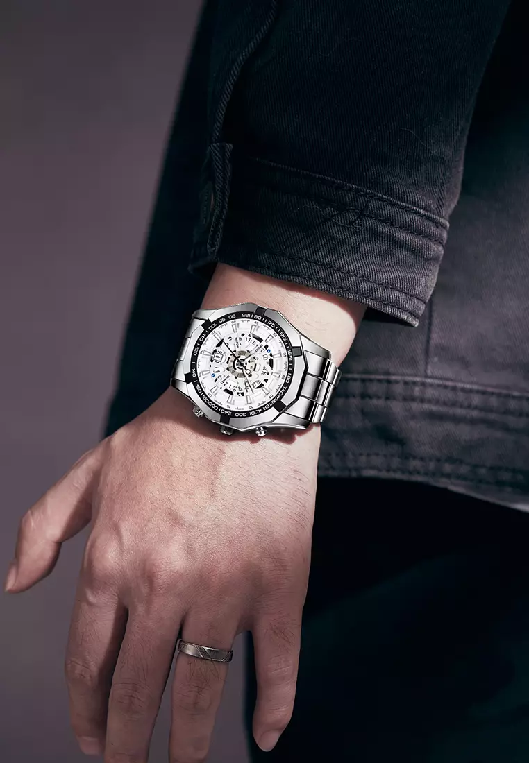 Jam Tangan Pria Original Calendar Luxury Bisnis Tali Stainless Steel Jam Tangan Cowok 9096 silver white