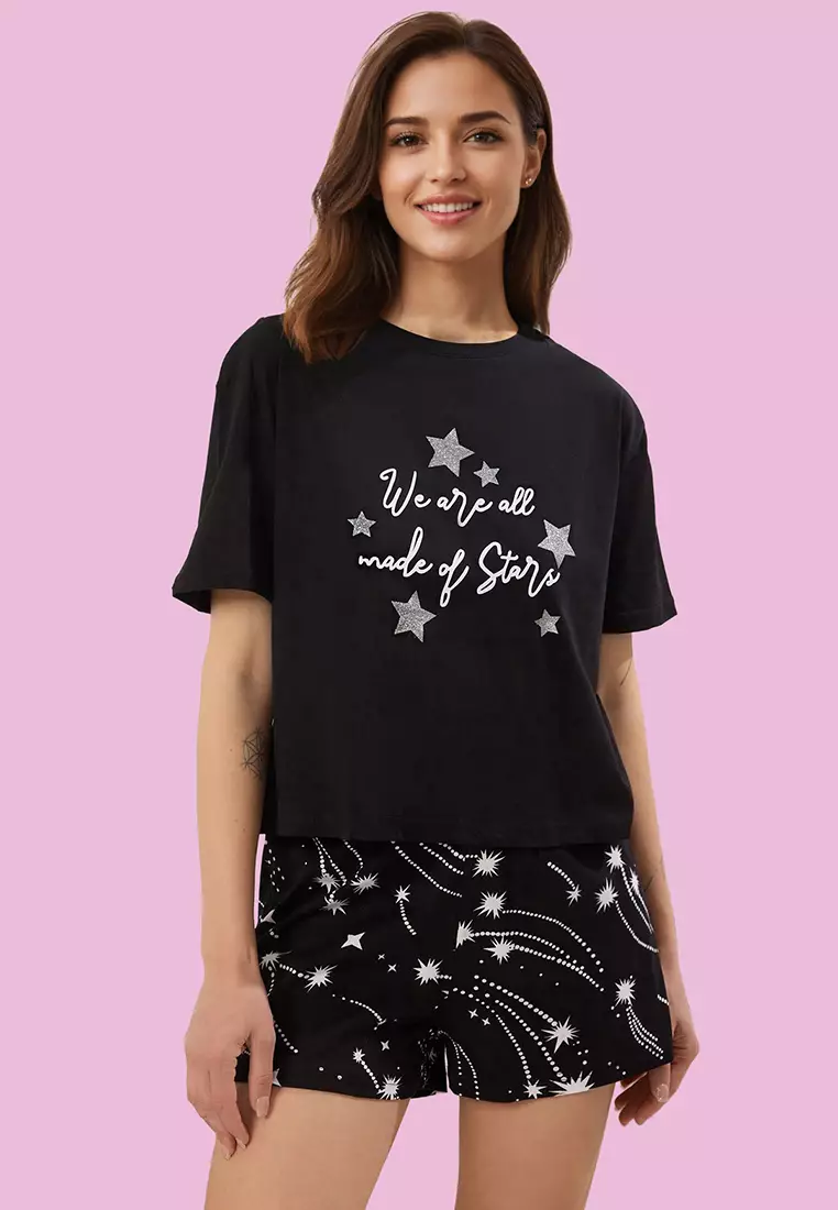 Black 100% Cotton Star Patterned Shorts Knitted Pajama Set THMSS25PT00393