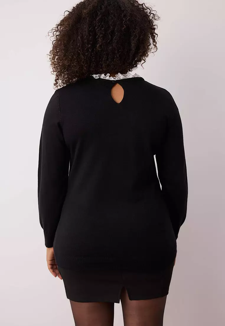 Black Lace Collar And Ribbon/Bow Detail Thin Knitwear Sweater Tbbaw26An00019