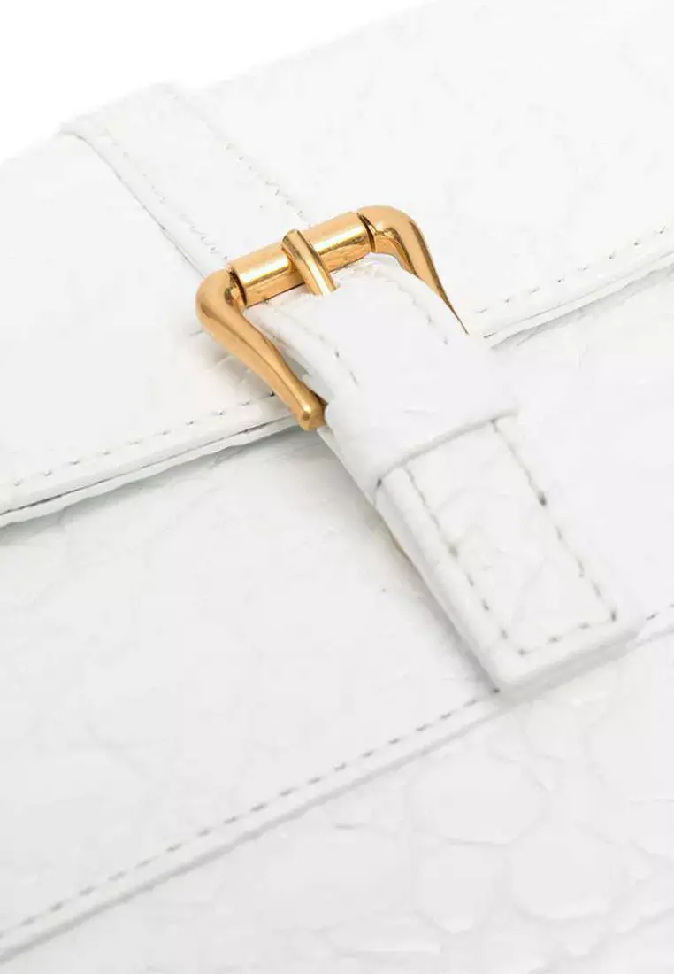 Miranda Circular Croco Embossed Leather Shoulder Bag in Optic White
