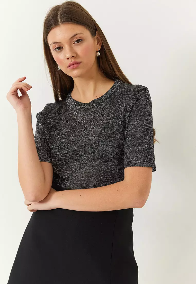 Women's Crew Neck Self-Shiny Short Sleeve T-Shirt 60261443