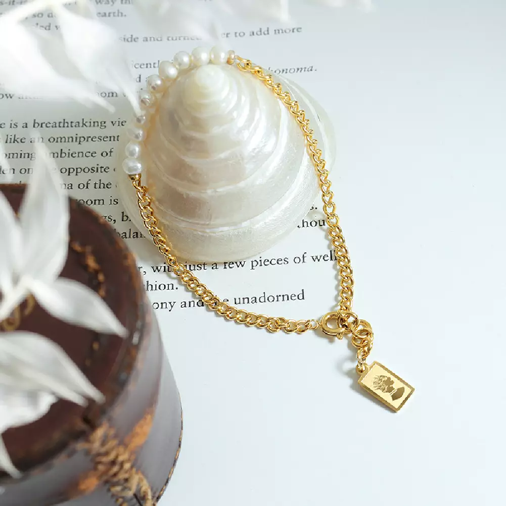 Glamorousky Fashion Elegant Plated Gold 316L Stainless Steel Irregular Imitation Pearl Beaded Chain Bracelet