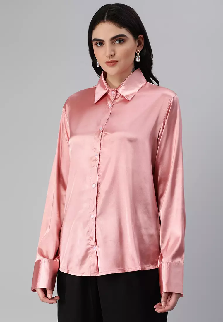 Blush Pink Long Sleeve Satin Shirt Blouse