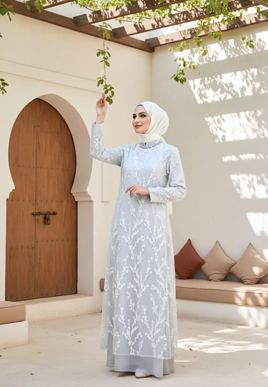 Dress Muslimah Lace Bordir Floral Premium Warna Putih Dan Mint– Tampil Anggun & Exclusive By Brilliant Girl Warna HIJAUMINT