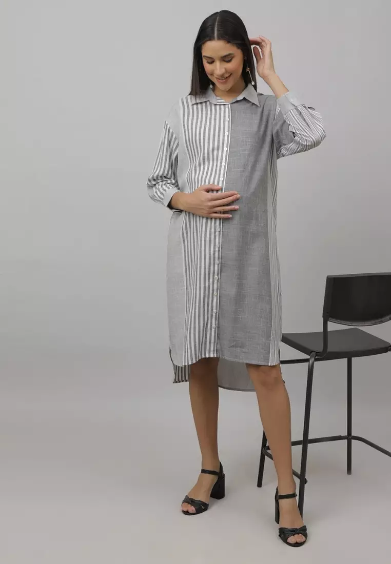 铬珍珠孕妇和哺乳期大廓形衬衫连衣裙