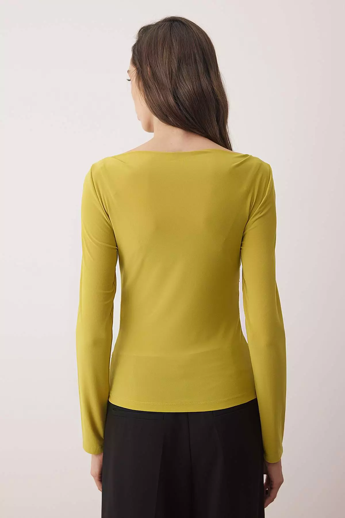 Oil Green Boat Neck Draped Body-Smoothing Flexible Knitted Blouse Twoaw25Bz00109