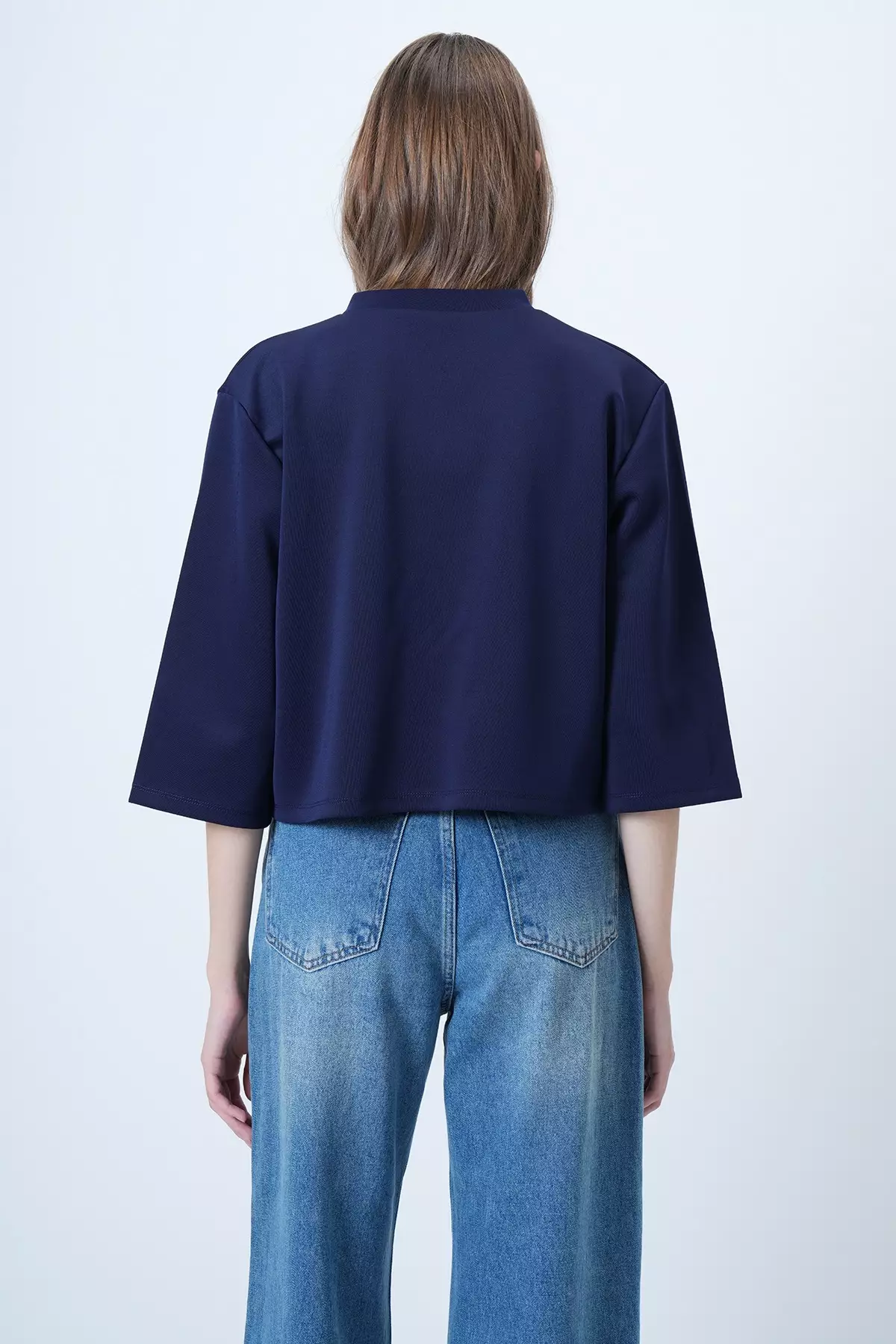 Navy Blue Coated Buttoned Crew Neck Special Design Crop Jacket Alc-X14647