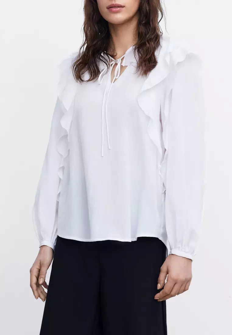 White ruffle discount high neck blouse