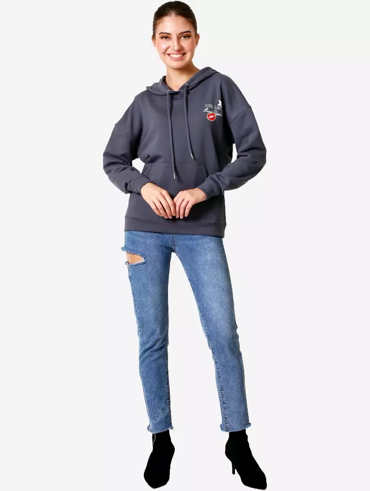 TONIQUE Wanita Katun Hoodie Regular Fit Graphic Hoodie Abu-abu KELLY women's regular fit cotton hoodie