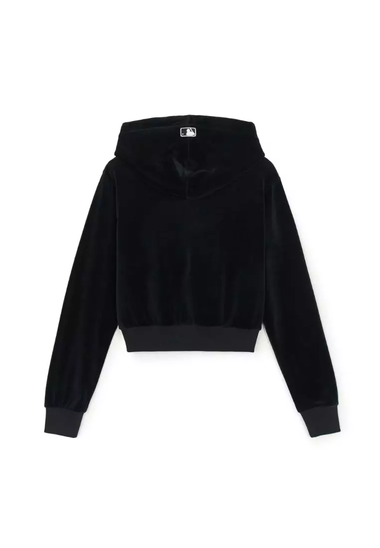WOMEN'S BASIC VELVET CROP HOOD ZIP UP NEW YORK YANKEES