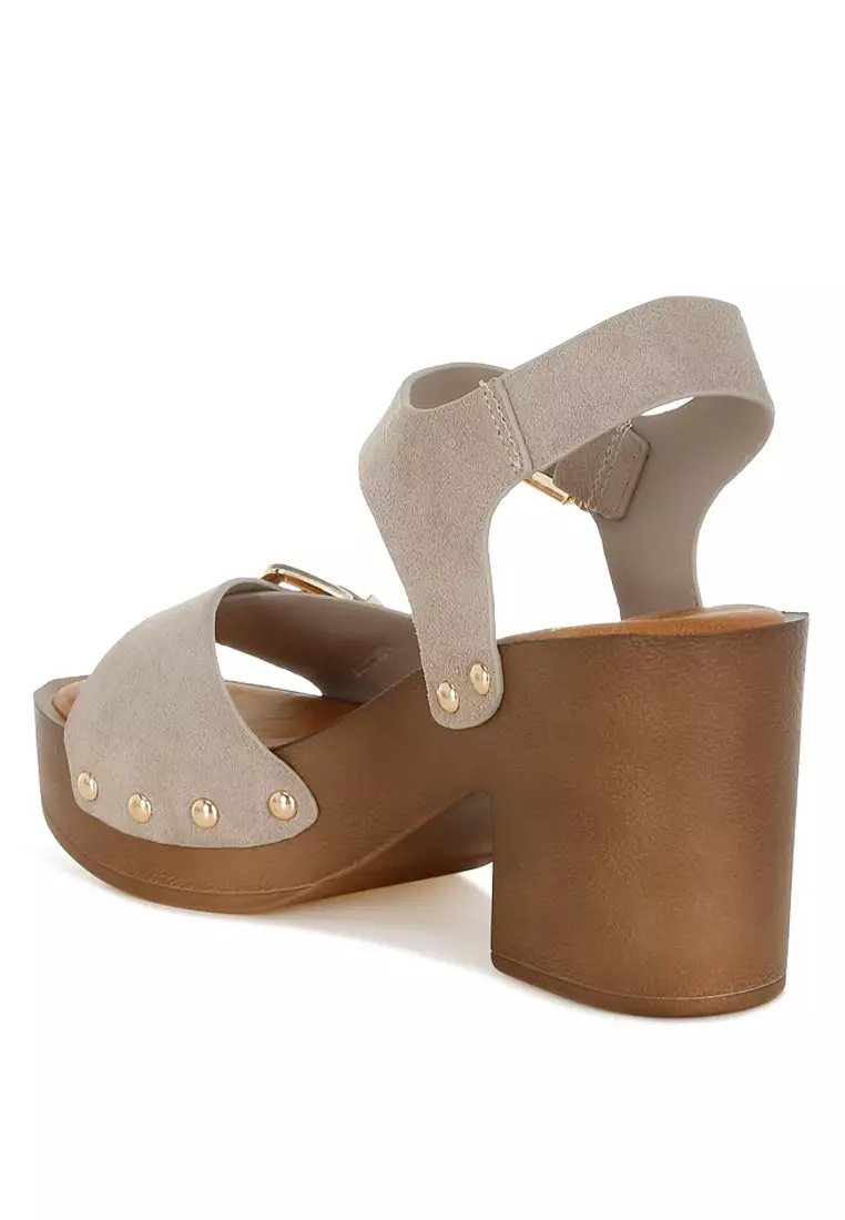 Real Suede Leather Clog Sandals In Beige