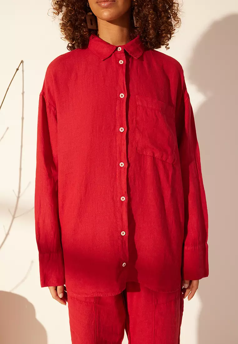 Red 1% Linen Pocket Detailed Oversized Shirt Twoss26Go39