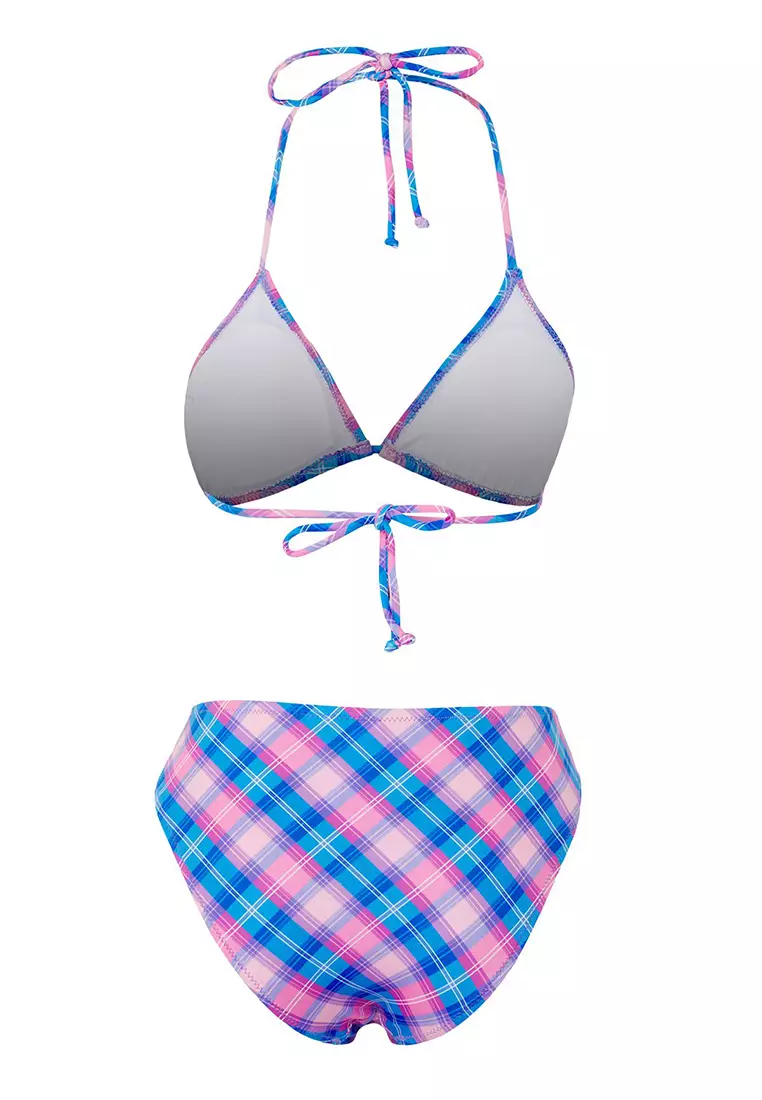 Blue Plaid Patterned Triangle High Waist Bikini Set TBESS25BT00188