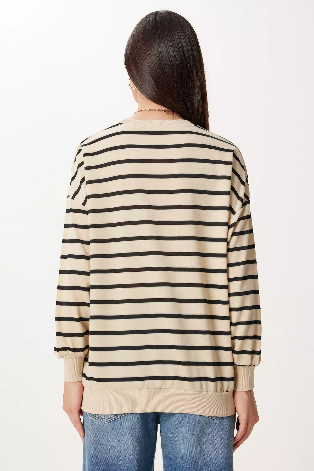 Women's Cream Black Striped Oversize Knitted Sweatshirt Zv00339