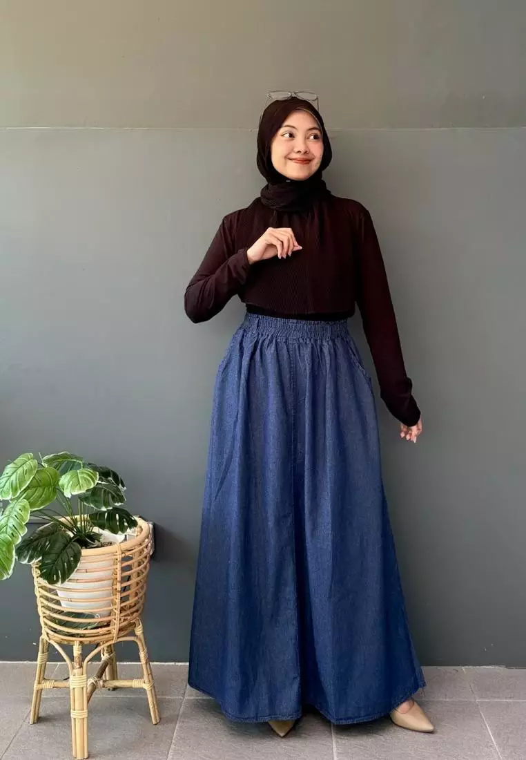Tina Flare Denim Skirt (Rok Panjang Muslim Wanita A-Line) Panjang 101 cm