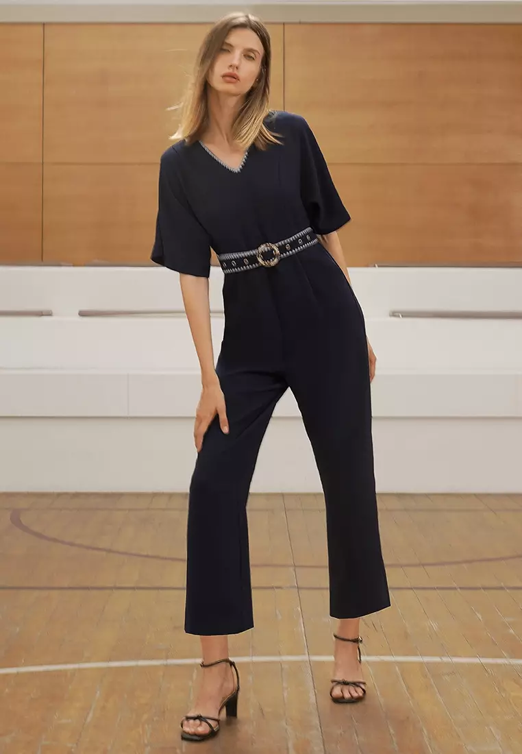 Waist Belt V Neck Jumpsuit