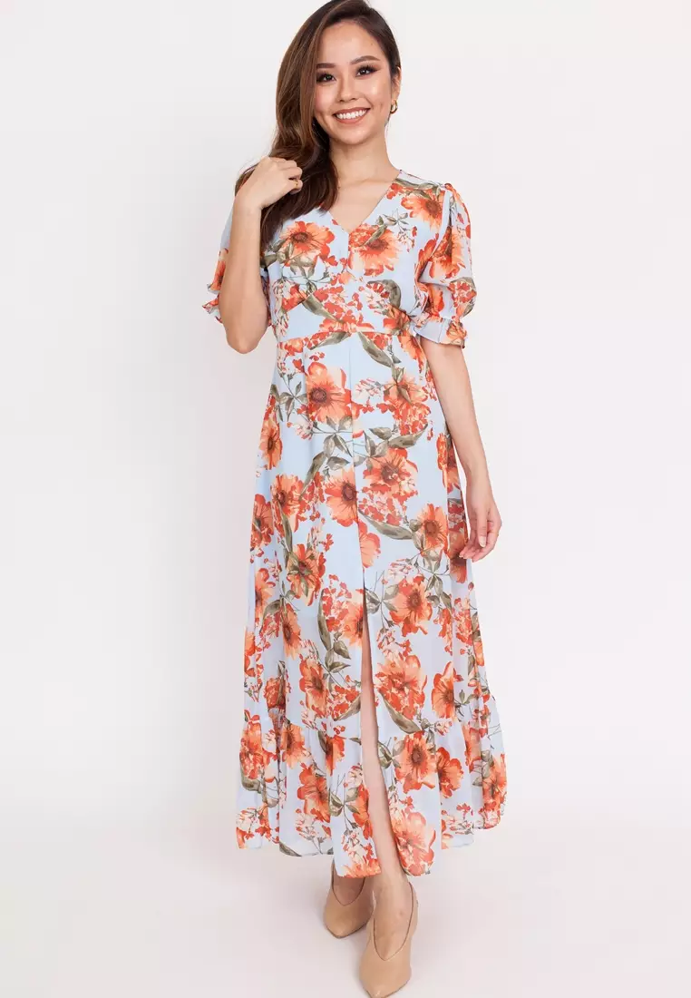 Robe Maxi Express Imprimé Floral Fente Devant – Taille XS, Noir Et Jaune, Neuve Sans étiquette