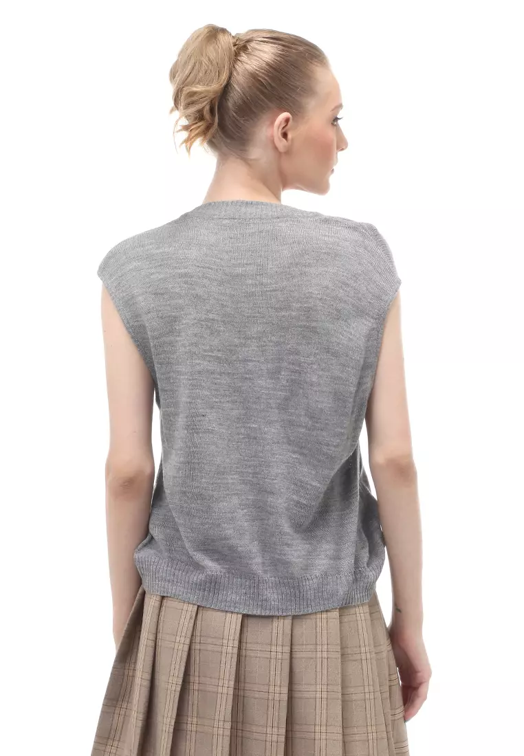 Vest Knit Atasan Wanita Sleeves Kerah V-neck Design Simple - Gray