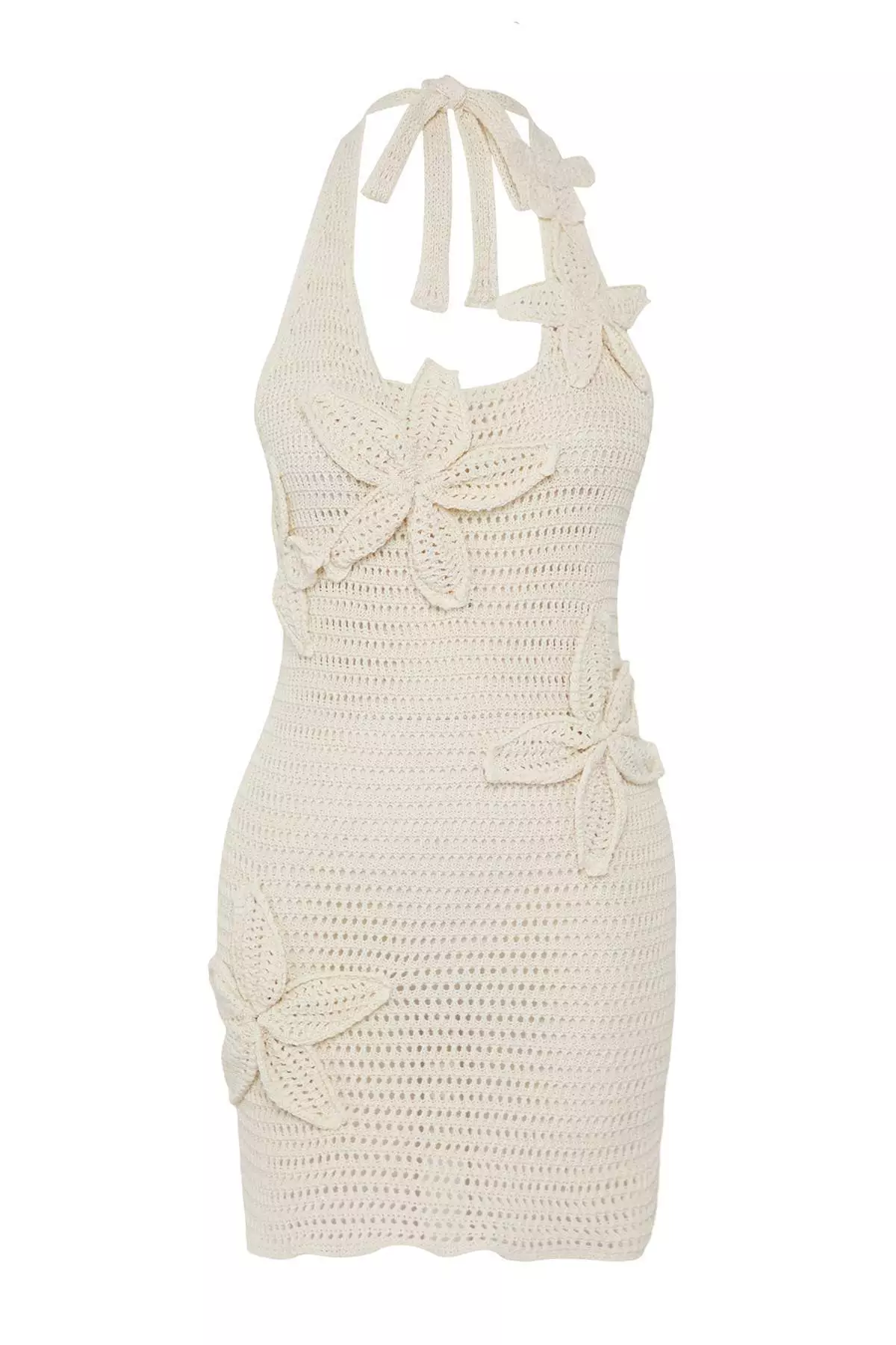 Ecru Knitwear Floral Detailed Halter Neck Beach Dress