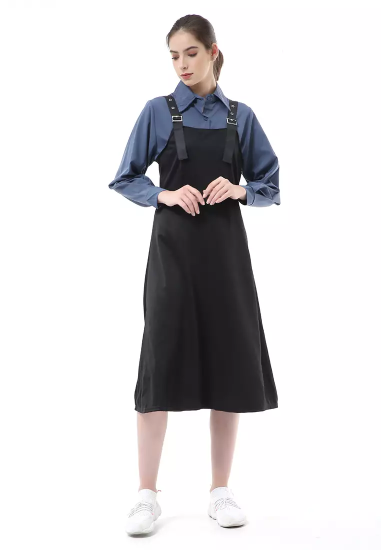 Nayra One Set Setelan Kemeja Dress Kodok Wanita Lengan Panjang Material Sutra ORIGINAL - Blue