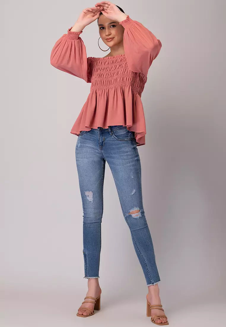 Peach Off Shoulder Smocked Peplum Top