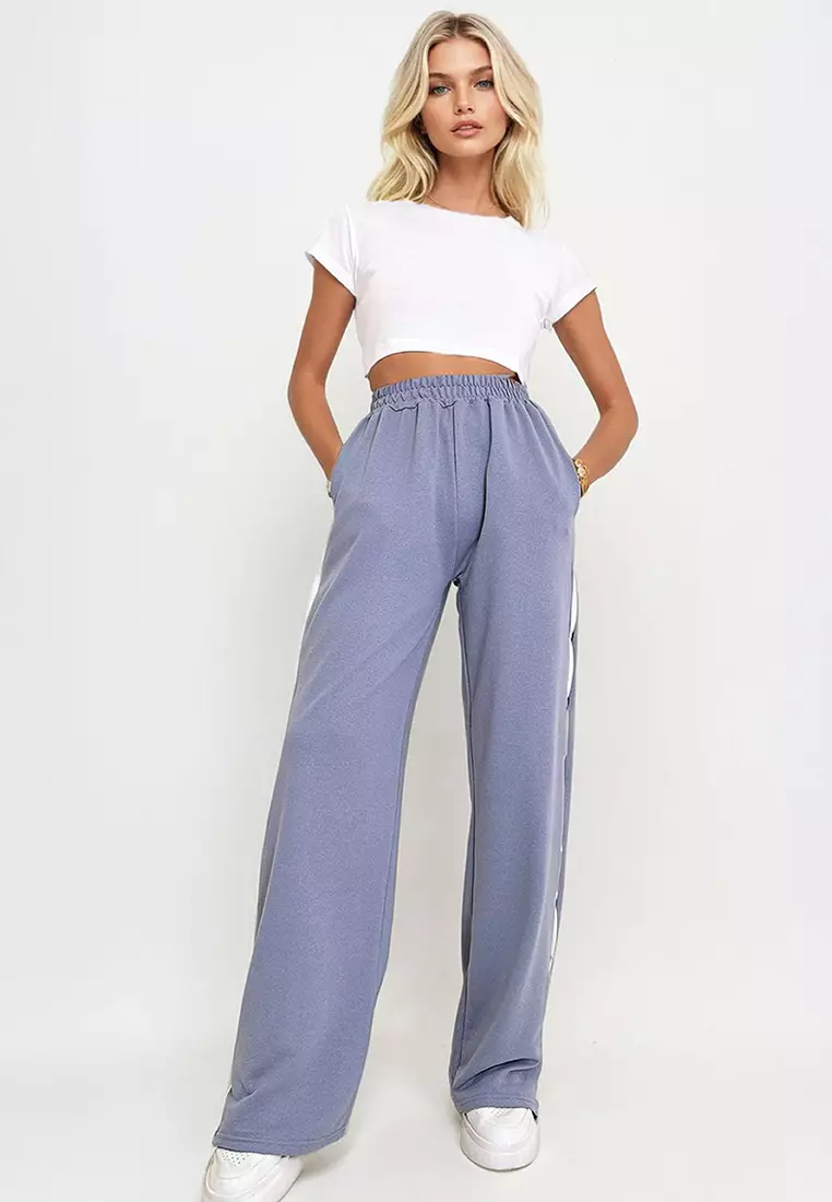 Women's Painted Gray Double Pocket Elastic Side Striped Wide Leg Trousers
