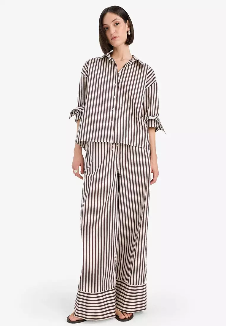 Afra X Defacto Wide Leg Striped Fabric Pants Double Pockets High Waist Wide Leg F0259Ax25Sm