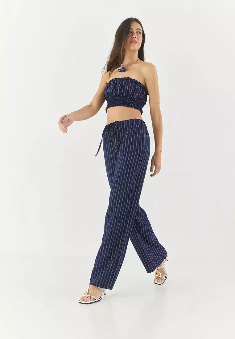 Women's Striped Gipe Detailed Crop Top Waist Drawstring Wide Leg Pants Bottom-Top Suit 60283262