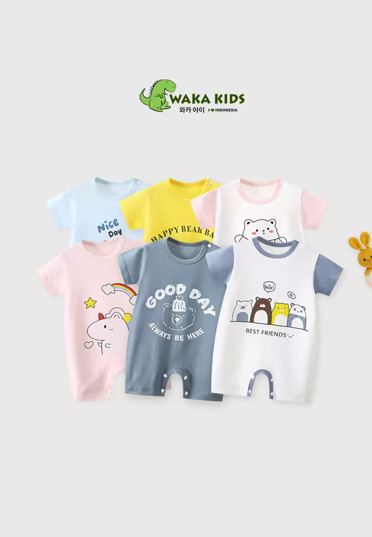 Wakakids Jumpsuit Bayi Jumper Pendek Anak Kancing Romper Baju Terusan Motif Lucu Happy Bear Venrz 4452