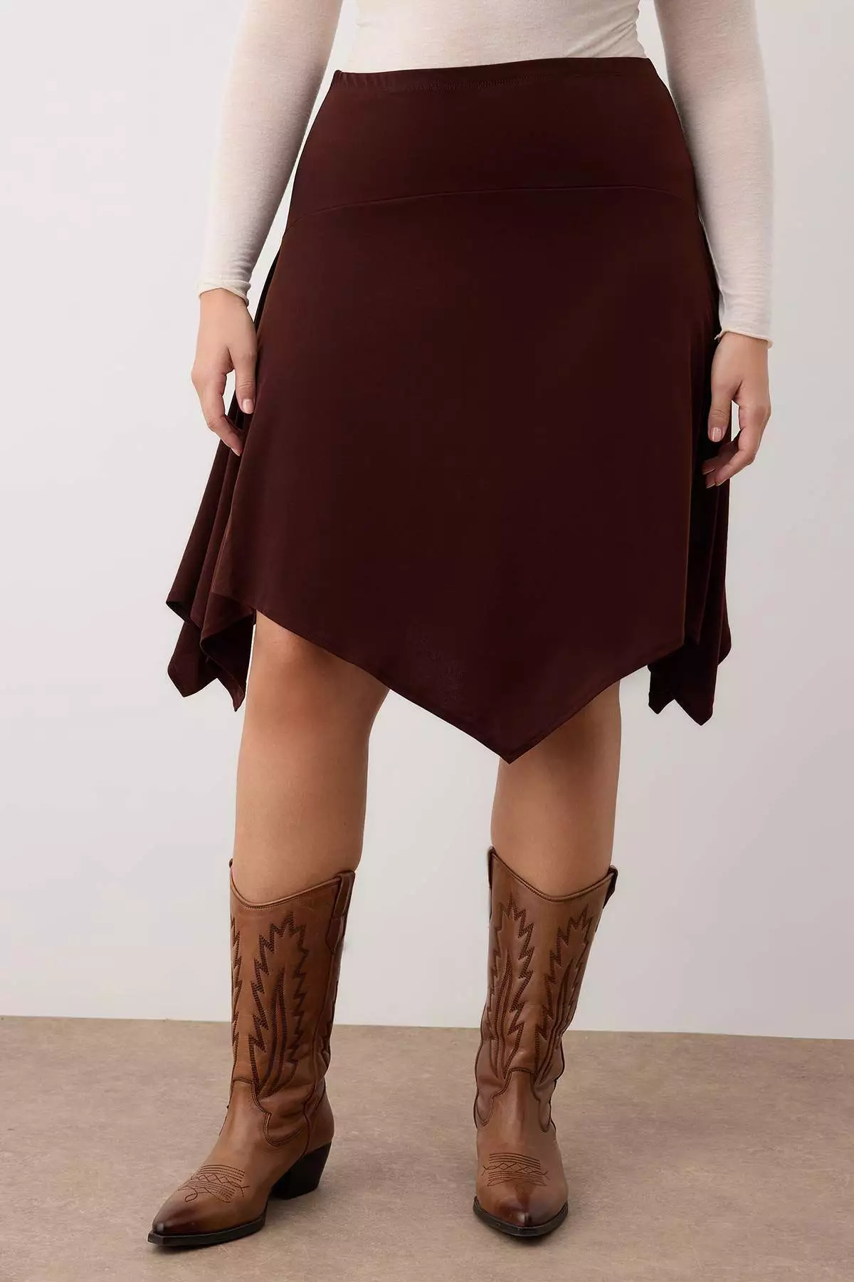 Brown Elastic Waist Skirt Asymmetrical Midi Knitted Plus Size Skirt