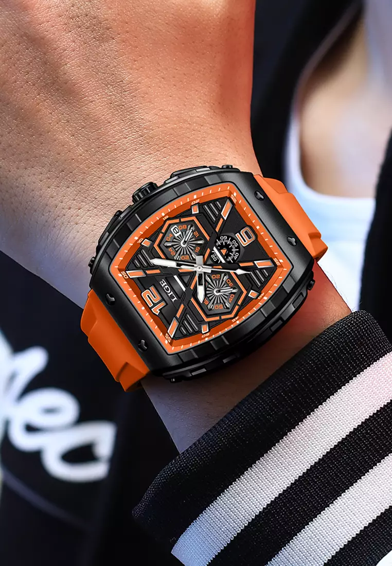 Unisex Tonneau Shaped IP Black Quartz Watch on Rubber Strap