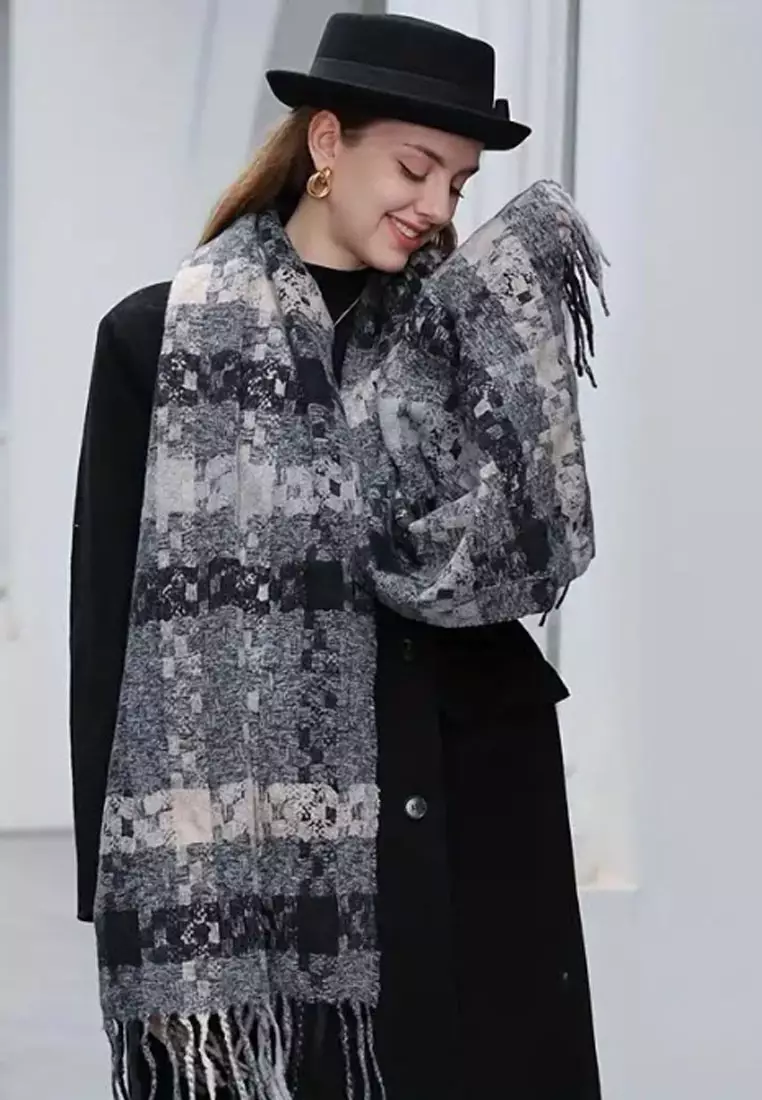 Aksesoris Wanita Checks Motif Cashmere Pashmina Syal Wanita Tebal Kasmir Black