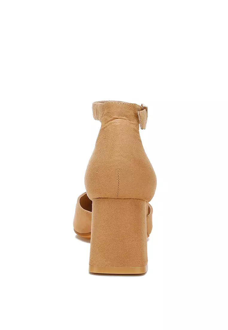 Microfiber Block Heel Sandals in Beige