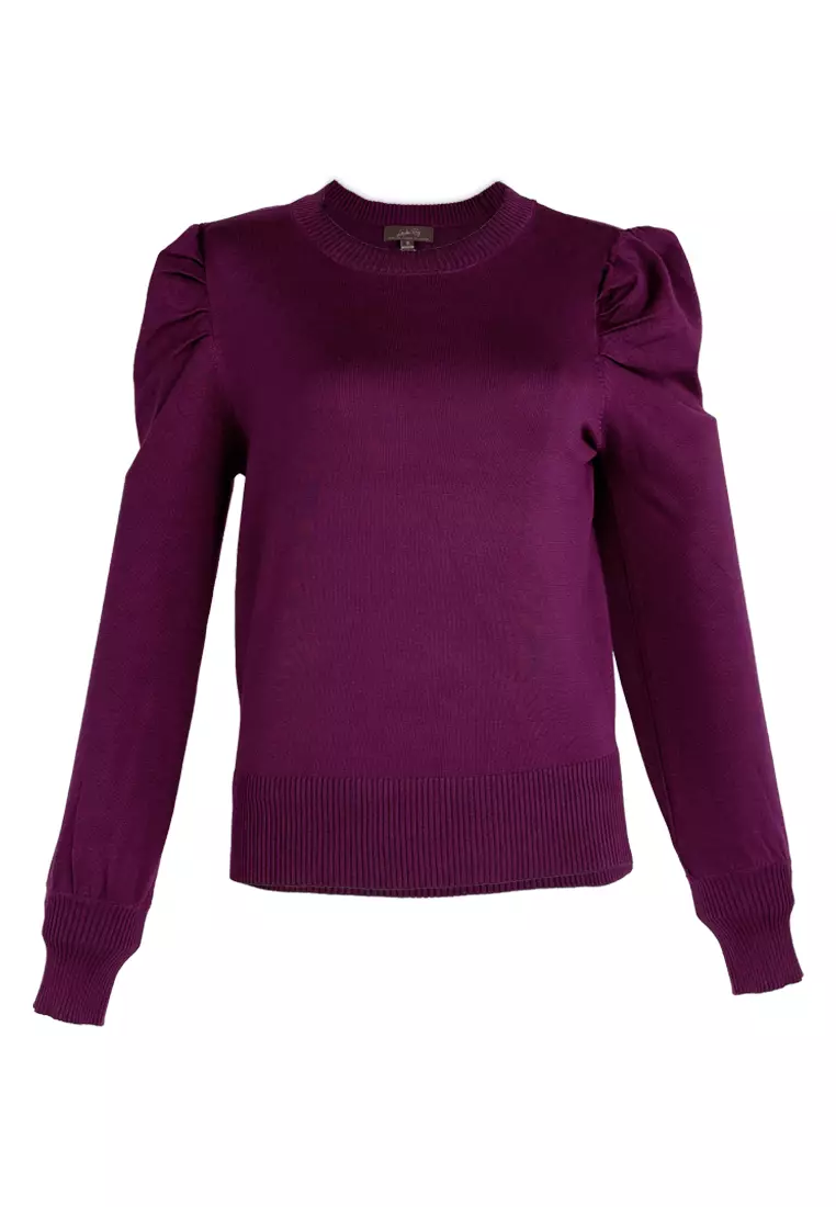 紫紅色泡泡袖毛衣